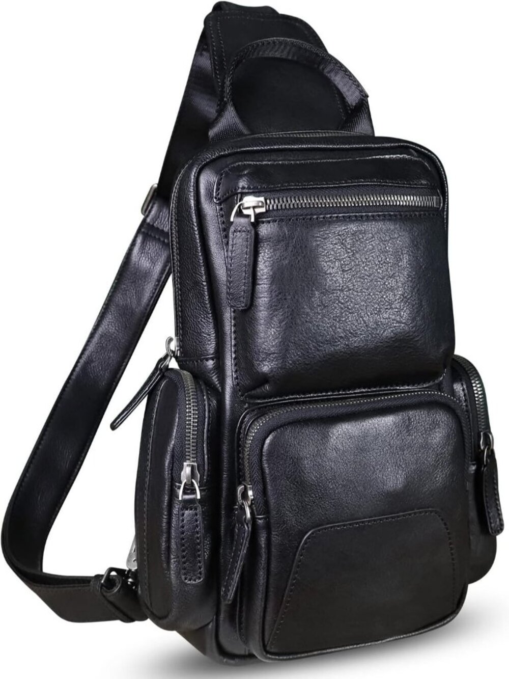 Men's Dark Grey Genuine Leather Sling Vintage Handmade Chest Pack Crossbody Bag